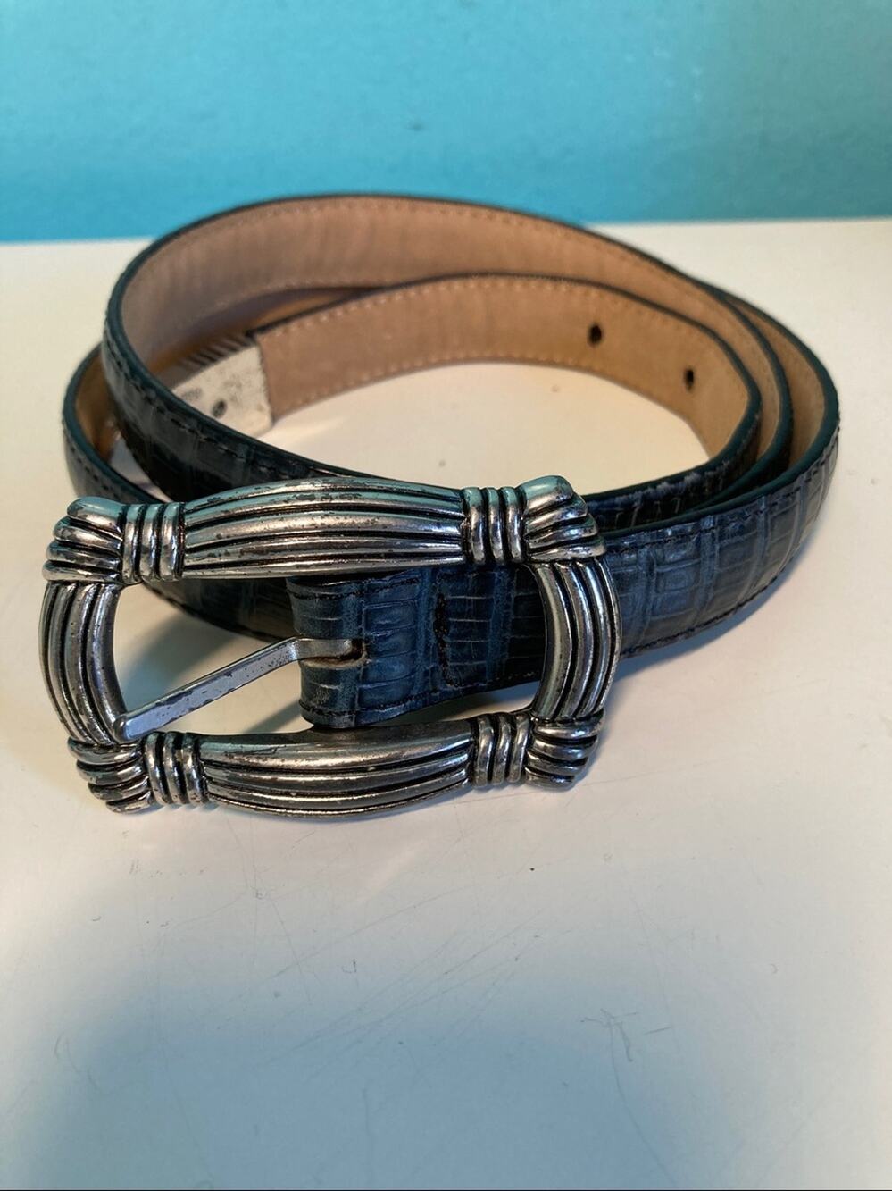 Vintage Brighton Belt Women’s Size M Dark Gray Mock Croc Silver Tone Hardware